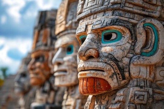 The vivid details of Chaac masks adorning the structures at Uxmal, highlighted by the play of light and shadow