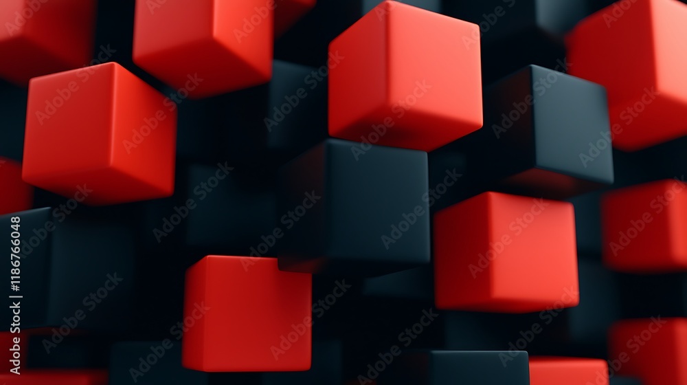 Poster ethereal grid of floating geometric shapes in red and black colors creating an abstract visual exper