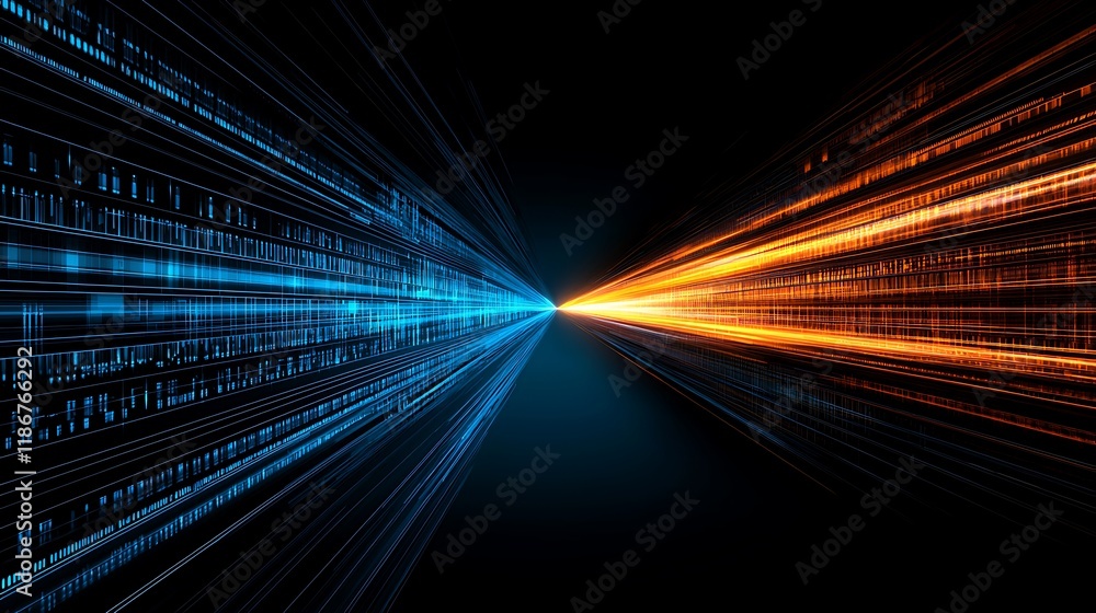 Fototapete Ethereal Floating Digital Grid Structure with Blue and Orange Light Beams Creating a Dynamic 3D Visual Representation of Connectivity and Data Flow in a Futuristic Environment