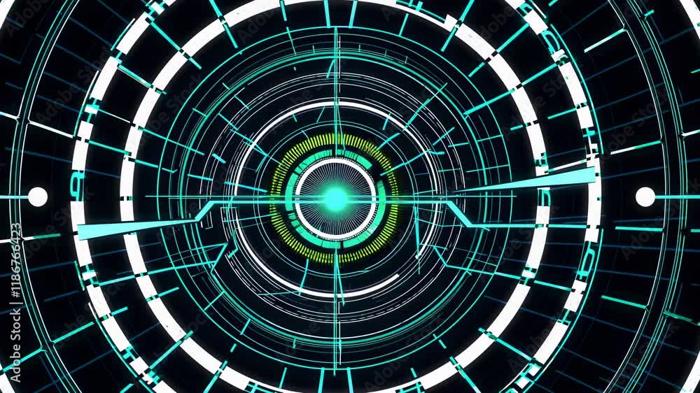 Poster exploring a vibrant digital landscape with concentric patterns and bright blue lighting effects