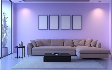 Modern living room interior design, evening ambient lighting, city view