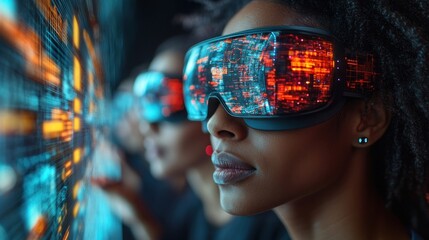 Woman in VR headset viewing digital data with colleagues.