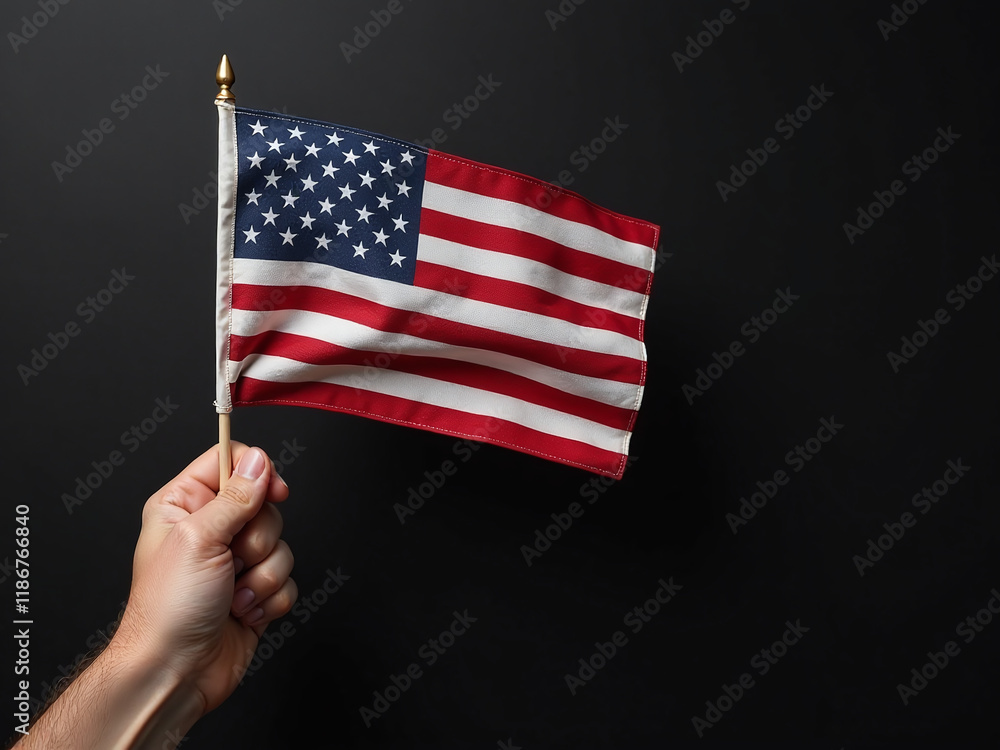Poster an american flag held by a hand against a black textured background with ample copy space surroundin
