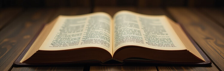 Fototapeta premium An Ancient Book Is Revered As The Holy Bible And Its Image Blurs Into A Banner. 00001