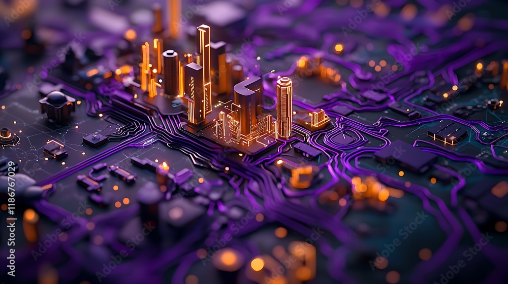 Poster an intricate 3d rendering of a cybernetic city showcasing a futuristic urban landscape with neon lig