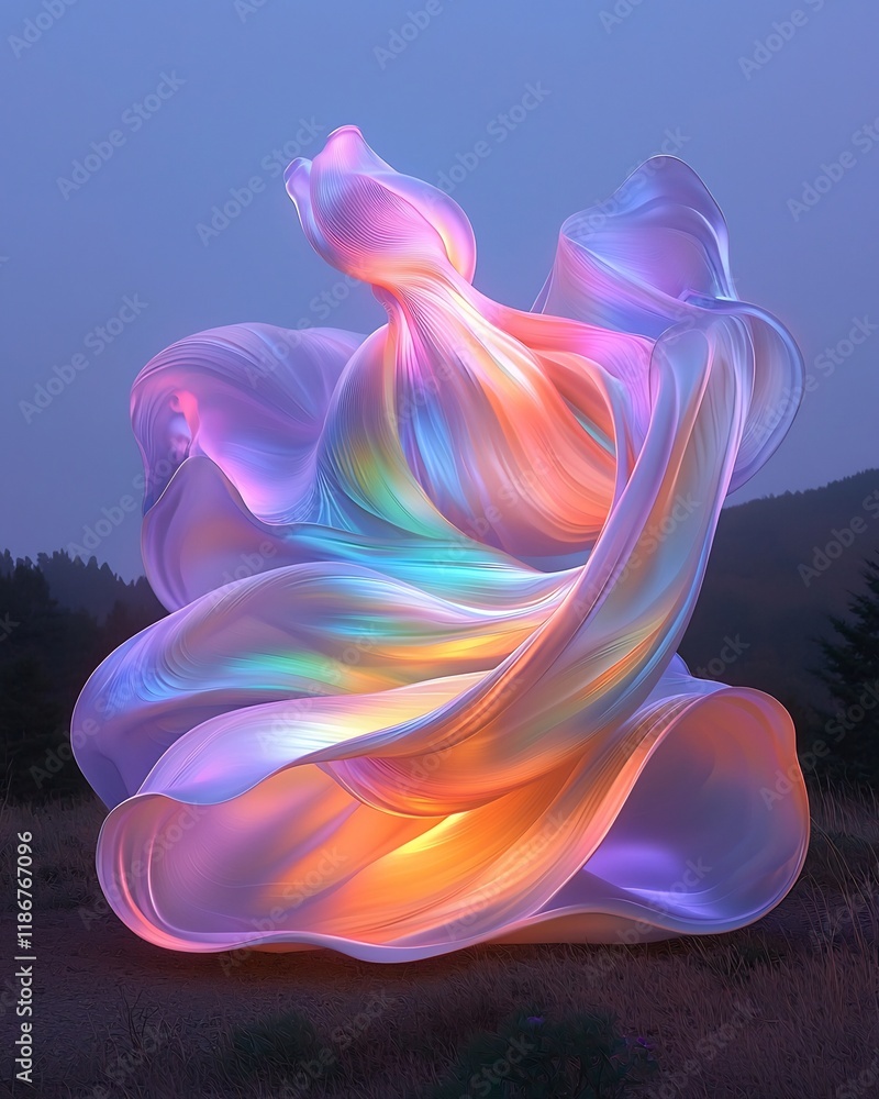 Poster captivating wavy iridescent shapes in soft muted colors creating a surreal tranquil outdoor forest s