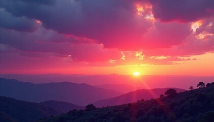A stunning pink to orange gradient stretches across the horizon at dusk, orange, outside
