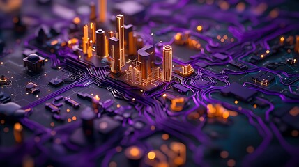 An Intricate 3D Rendering of a Cybernetic City Showcasing a Futuristic Urban Landscape with Neon Lights and Complex Circuitry Patterns in a Vivid Color Palette