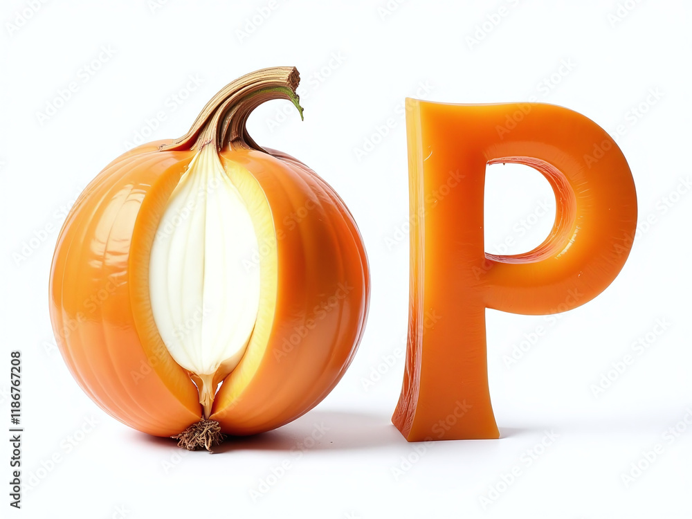 Poster alphabet letters o and p made from onion and pumpkin isolated on a white background for illustration