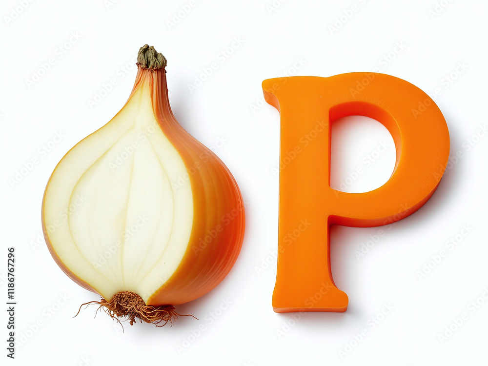 Poster alphabet letters o and p made from onion and pumpkin isolated on a white background for illustration
