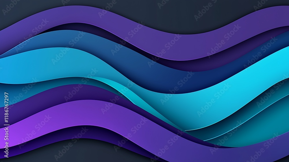Poster intricate abstract composition featuring wavy layers of gradient colors in purple and blue tones aga