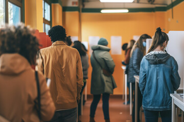 Diverse Group of Citizens Casting Votes at a Modern Polling Station, Emphasizing Civic Engagement and Democratic Participation in Elections