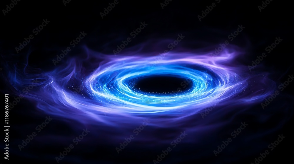 Poster intricate array of swirling lines with blue and purple hues against a black background, creating a m