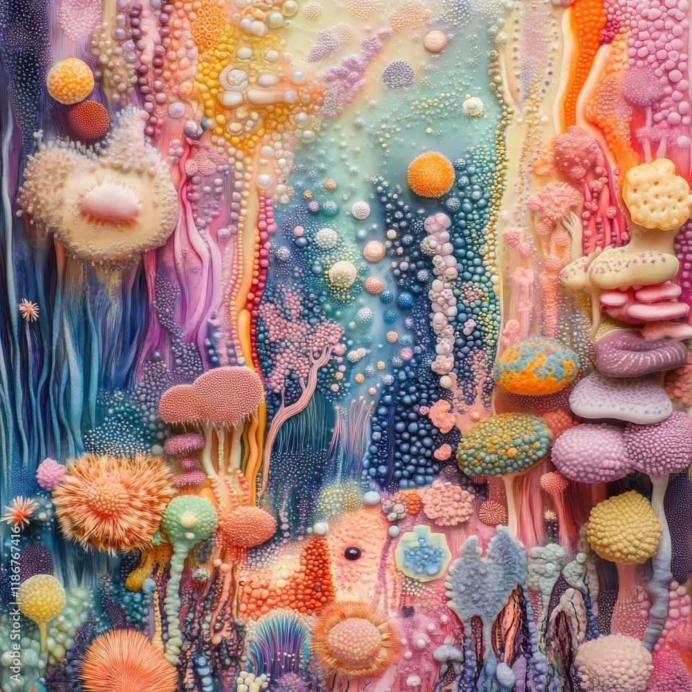 Poster Colorful bacterial textures create an abstract landscape of microorganisms in vibrant hues and intricate forms. Generative AI