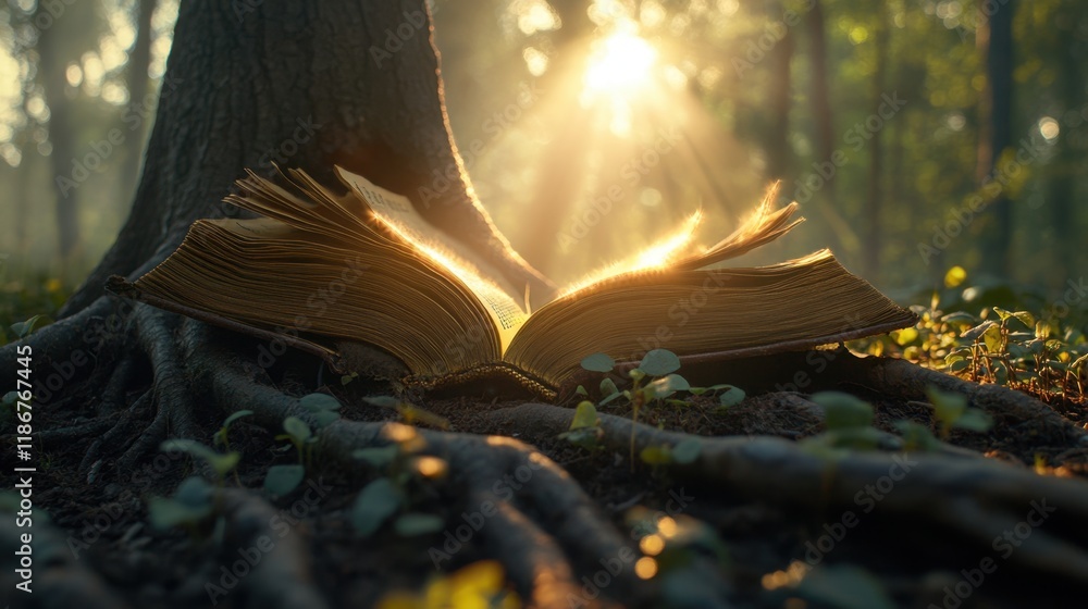 Poster enchanted open book beneath a tree with sunlight rays in forest