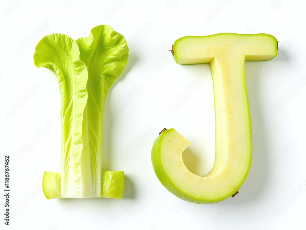 Poster alphabet letters i and j made from iceberg lettuce and jackfruit are isolated on a white background 