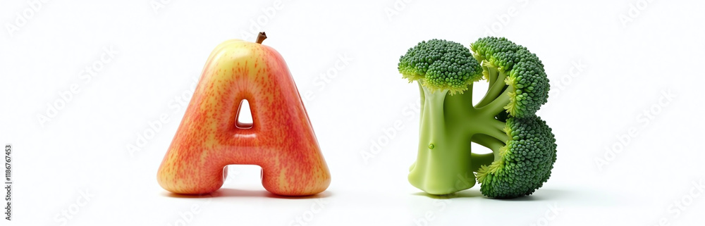 Poster alphabet letters a and b are made from apple and broccoli, isolated on a clean white background for 