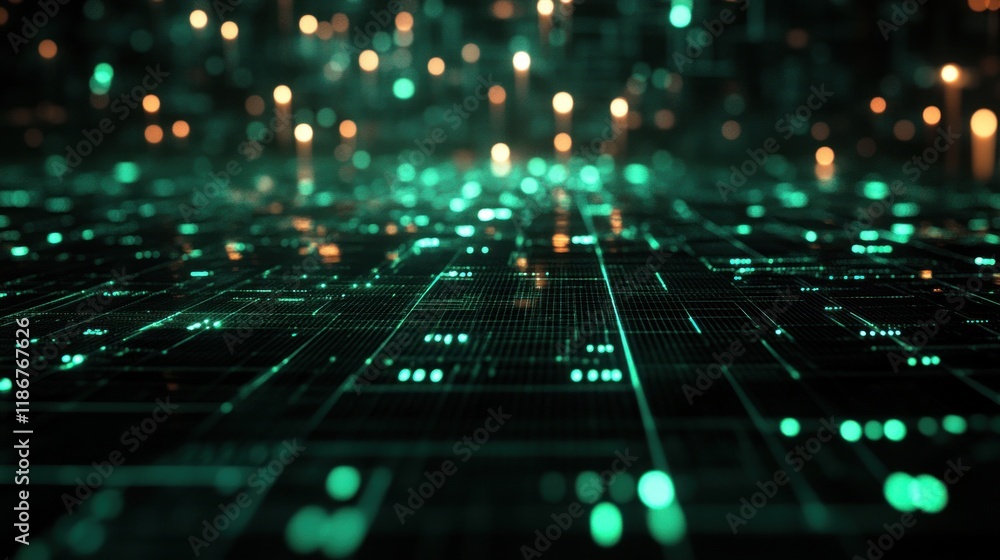 Aufkleber abstract digital network grid: glowing teal and orange nodes on a dark background