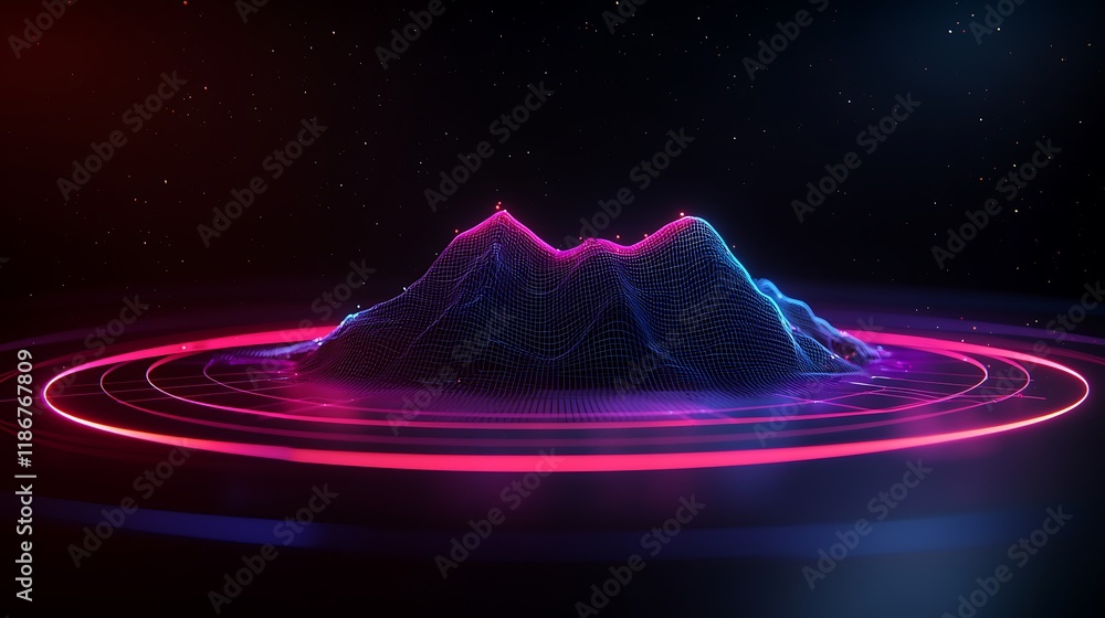 Poster an intricate network of illuminated nodes creating a stunning abstract landscape in neon colors agai