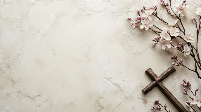 Sacred journey with a beige background featuring a spiritual cross adorned with flowers