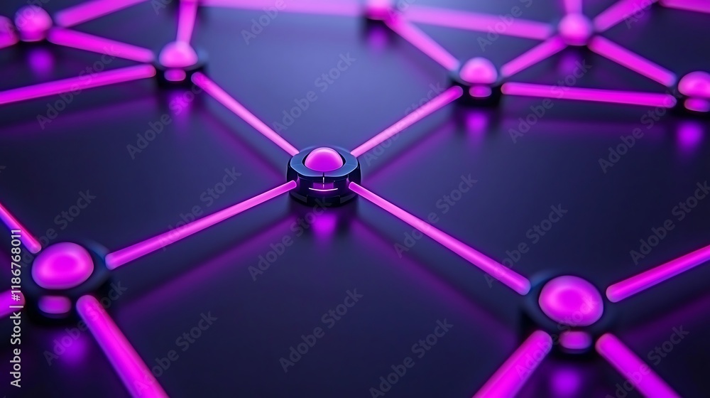 Poster an intricate network of illuminated nodes with vibrant pink connections against a dark background, p