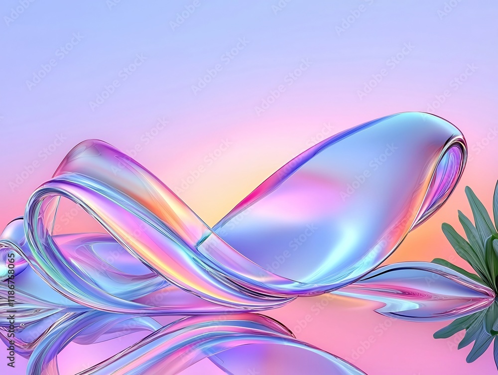 Poster surreal abstract background featuring undulating iridescent ribbons and shapes in kaleidoscopic grad