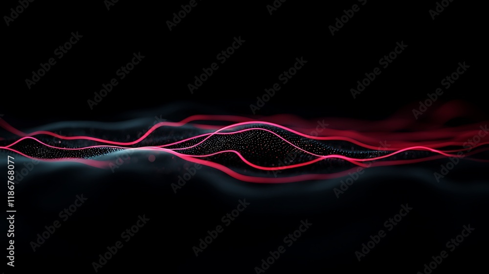 Poster an intricate network of illuminated nodes forming an abstract visual wave pattern against a dark bac