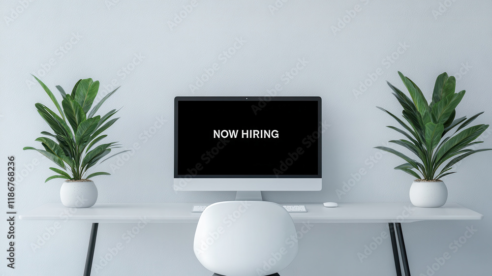 Poster modern workspace with computer displaying now hiring sign and plants
