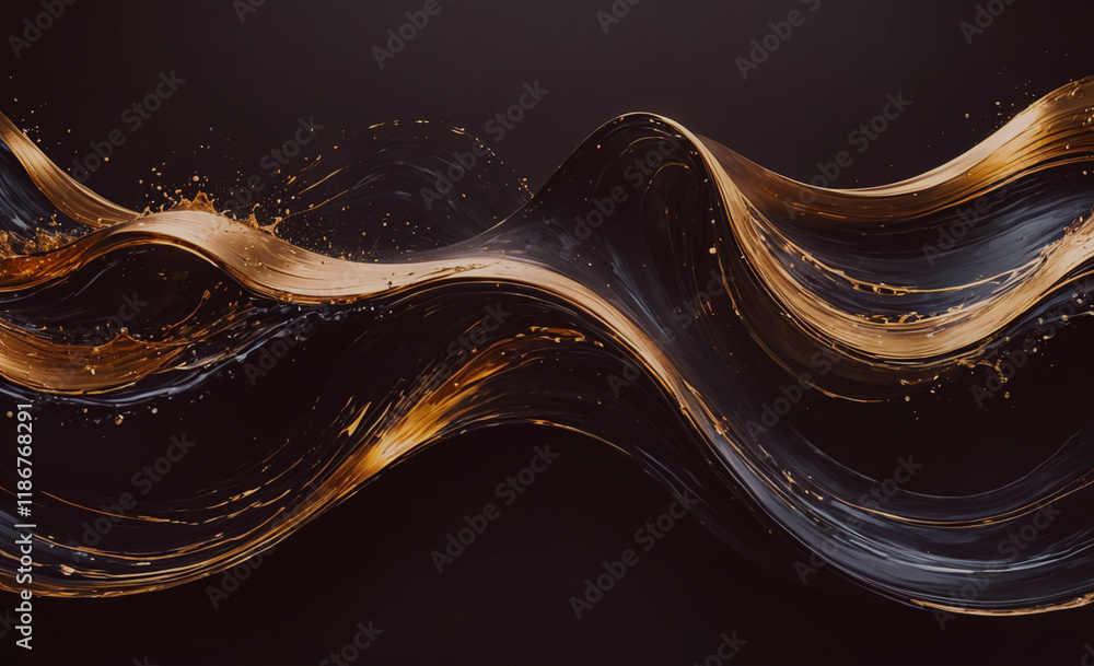 Poster beautiful, long, and curvy wave made of gold and black paint. the gold is in the middle of the wave,