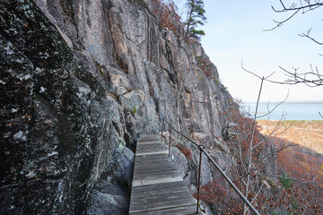 A narrow bridge crossing a gap on a steep granite cliff. This dangerous path is part of the precipice trail in Acadia National Park.