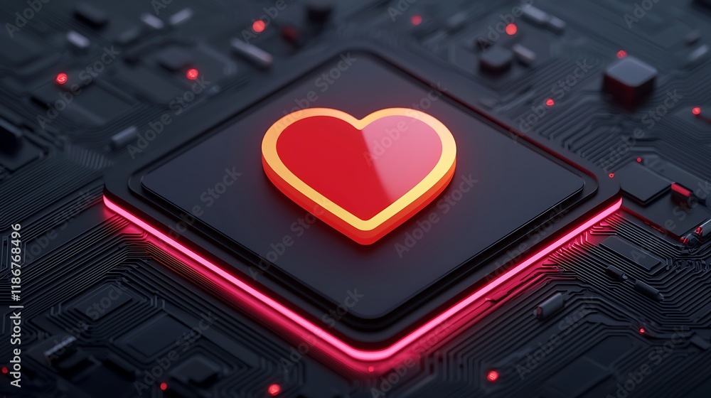 Poster overhead view of a sprawling glowing circuit board featuring a heart symbol in the center, highlight