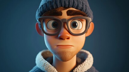 Cartoon character with glasses, winter outfit, beanie, expressing surprise in vivid 3D rendering against blue backdrop