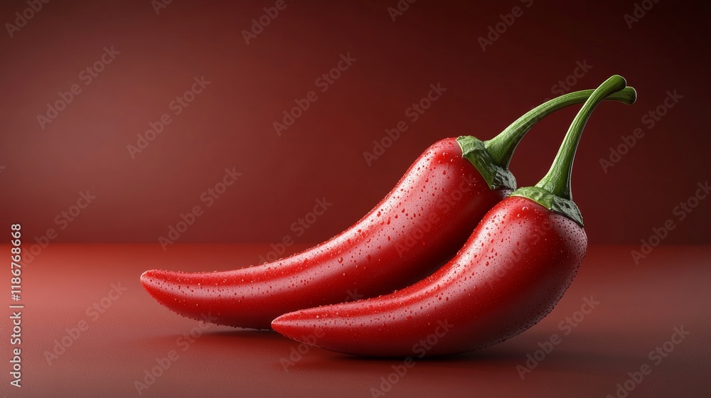 Poster two shiny red chili peppers with water droplets lying on a red background creating a vibrant and spi