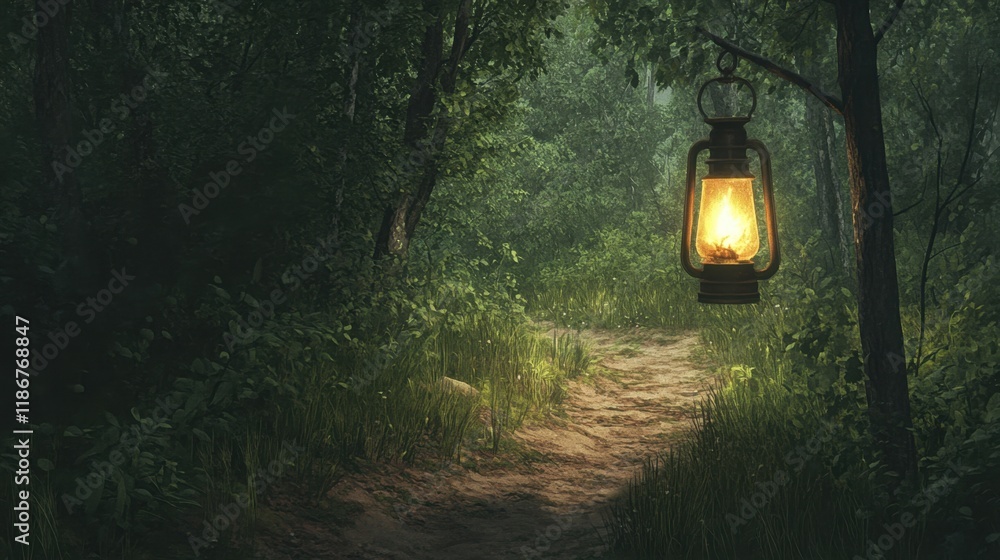 Poster enchanted lantern lighting the path in serene forest setting