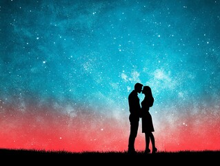Silhouetted couple kissing under heartshaped fireworks, vibrant night sky, 3D illustration
