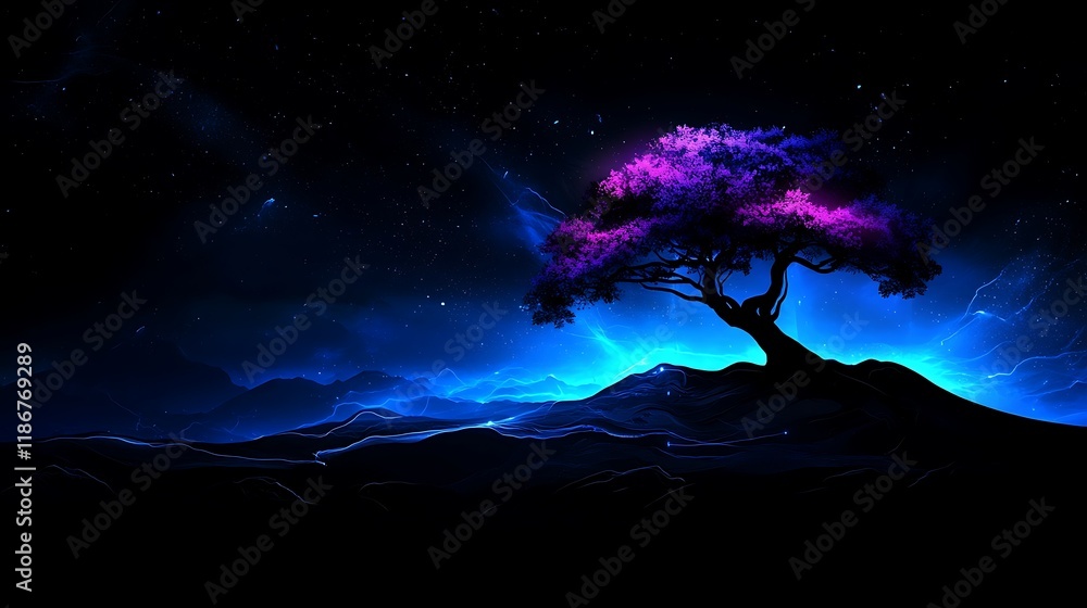 Poster artistic representation of a digital world featuring a vibrant tree against a cosmic background in d