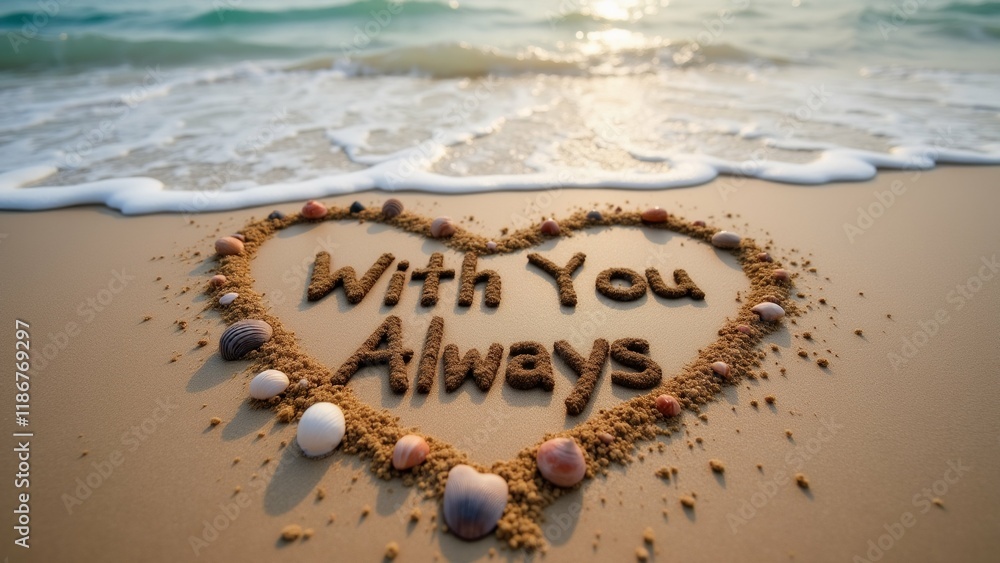Poster the image is a photograph of a heart-shaped message written in the sand on a beach. the message read