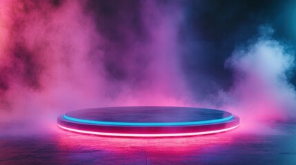 Neon Circular Platform with Colorful Fog and Dramatic Lighting