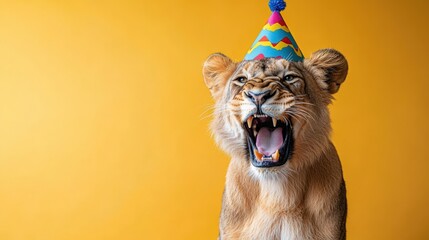 A roaring lion cub wearing a colorful party hat against a vibrant yellow background. Perfect for birthday celebrations, fun, and wild animal themes.