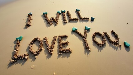 The image shows the words "I will love you" written in the sand on a beach. The words are written in a cursive font and are made up of small rocks and pebbles.