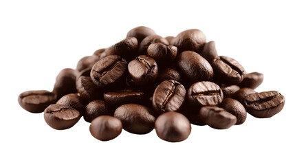 Fototapeta premium A pile of coffee beans in the center of a white table. Front view. Horizontal composition. 