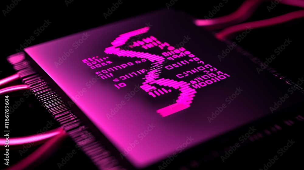 Poster close-up of a futuristic silicon chip embedded with glowing patterns in a dark environment showcasin