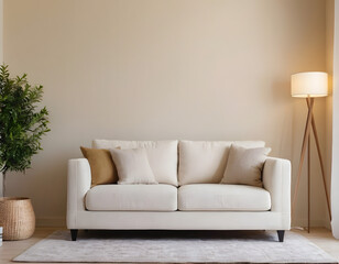 Modern clean contemporary living room interior design with a daylight and a lamp background, white sofa couch in the living room with daylight from the window