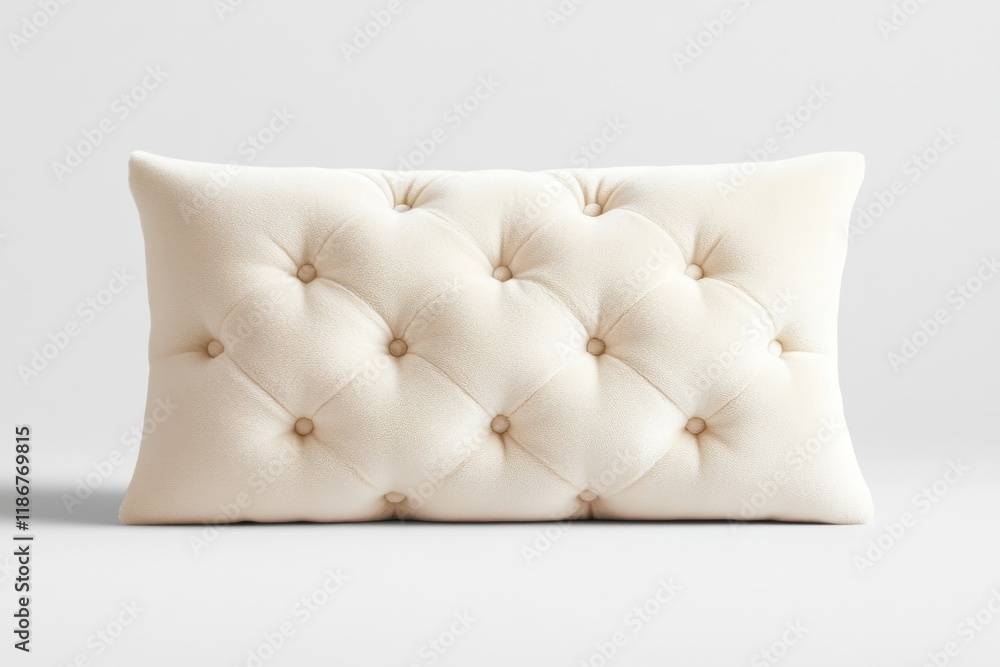 Poster a flat design of a single tufted cushion in neutral tones, styled against a plain white canvas