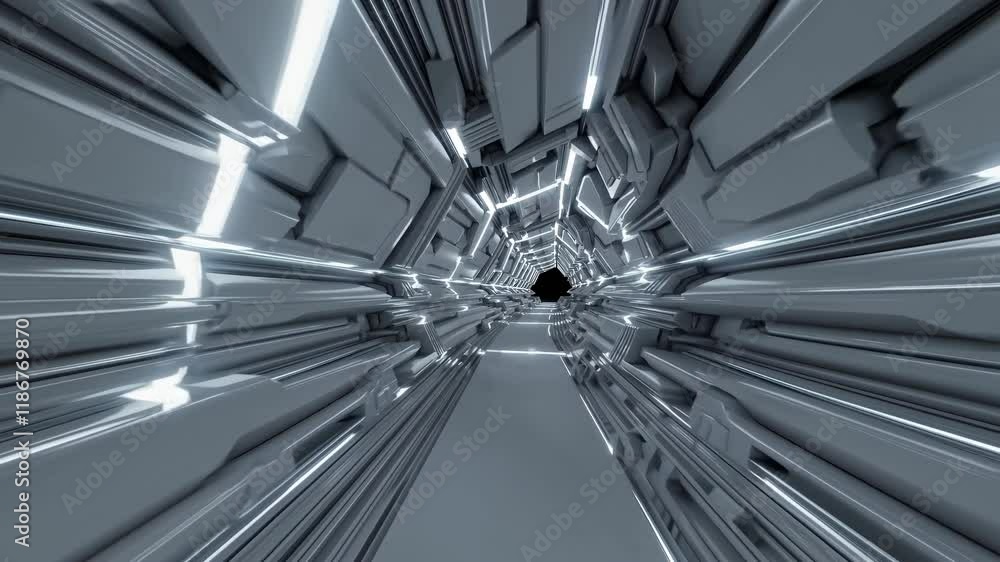 Aufkleber exploring a futuristic tunnel with glowing lights and sleek metallic walls