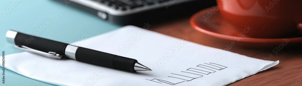 Poster a sleek pen rests on a notepad with notes, next to a laptop and a coffee cup, creating a productive 