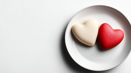 Two heartshaped cookies on a white plate, sweet romantic dessert, realistic photography, beige and pink tones, isolated on white background