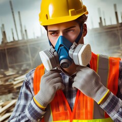 Construction worker with protective breathing apparatus
