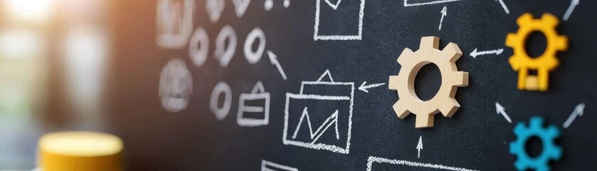 A close-up of a chalkboard with diagrams and gears, symbolizing planning, strategy, and project management in a creative workspace.