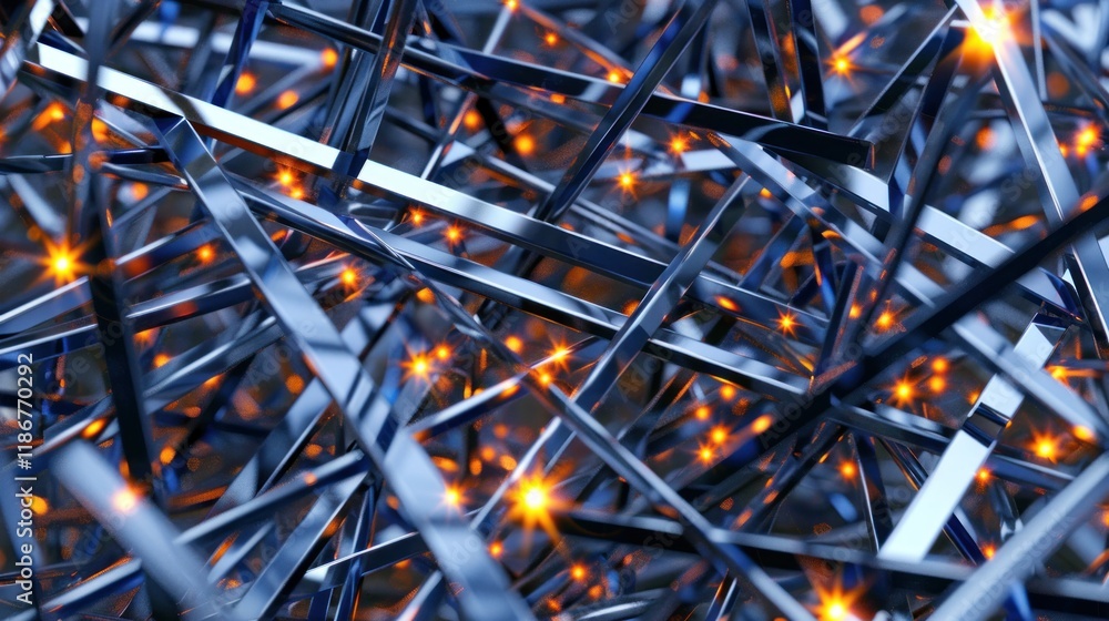 Poster abstract metallic structure with glowing nodes.